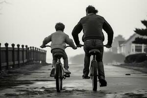 ai gegenereerd terug visie van vader en zoon wandelen met fiets in Woud Bij zonsondergang, een vader onderwijs zijn zoon naar rijden een fiets voor de eerste tijd, ai gegenereerd foto