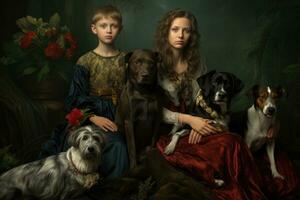 ai gegenereerd drie wijs mannen en een mooi meisje met een hond in de studio, een familie portret met huisdieren inbegrepen, ai gegenereerd foto