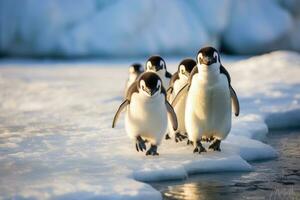 ai gegenereerd kinband pinguïns Aan de ijs ijsschots in de antarctica, een familie van pinguïns waggelen over- een ijzig terrein, ai gegenereerd foto