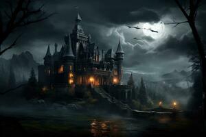 ai gegenereerd halloween tafereel met achtervolgd kasteel en vol maan. 3d weergave, een oud, achtervolgd gotisch kasteel Aan een stormachtig nacht, ai gegenereerd foto