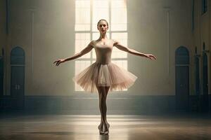 ai gegenereerd jong ballerina in tutu en pointe schoenen poseren in de studio, ai gegenereerd foto