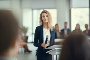 ai gegenereerd vrouw spreker geven een praten Aan zakelijke bedrijf conferentie. onherkenbaar mensen in publiek Bij conferentie hal. bedrijf en ondernemerschap evenement foto