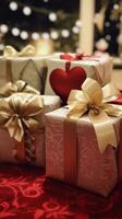 ai gegenereerd klassiek geschenk doos met een rood lint naast een boeket van rood rozen, symboliseert tijdloos romance en oprecht viering. foto