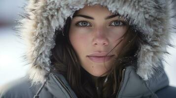 ai gegenereerd boeiend vrouw in een sneeuw gekust met een kap jasje, haar blik net zo intrigerend net zo een de winter verhaal. foto