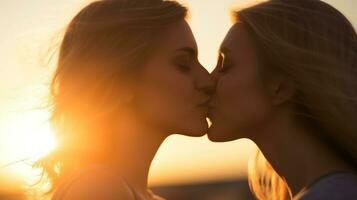 ai gegenereerd twee Dames delen een sereen kus in de zacht licht van de instelling zon, inkapselen een moment van liefde en verbinding. foto