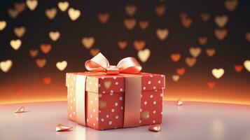 ai gegenereerd charmant geschenk doos met hart patronen en een glimmend goud lint, temidden van een vlaag van harten Aan een diep rood achtergrond, perfect voor romantisch gelegenheden. foto