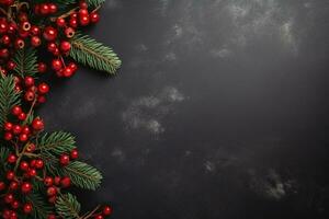 ai gegenereerd Kerstmis vakantie samenstelling van groen Spar boom takken met cadeaus kopiëren ruimte foto