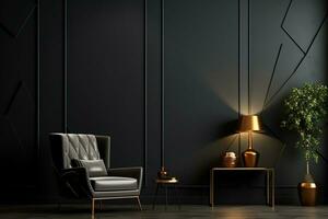 ai gegenereerd 3d weergegeven minimaal donker stijl modern leven kamer interieur ontwerp met modern stoel foto
