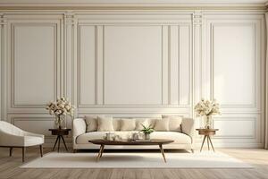 ai gegenereerd 3d weergegeven minimaal stijl modern leven kamer interieur ontwerp met sofa foto