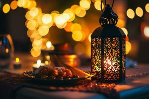 ai gegenereerd sier- Arabisch lantaarn bord met datum fruit Aan de tafel Ramadan kareem. iftar avondeten achtergrond. foto