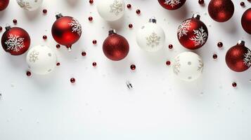ai gegenereerd Kerstmis vakantie samenstelling van Spar boom takken met kerstballen en cadeaus kopiëren ruimte foto