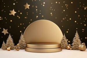 ai gegenereerd vrolijk Kerstmis 3d weergegeven zwart en gouden podium Scherm voor evenement foto