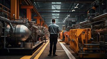 ai gegenereerd elektricien werken in een fabriek, arbeider met helm, elektrisch arbeider in actie foto