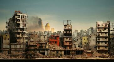 ai gegenereerd brandend gebouwen na de oorlog, oorlog tafereel, vlammend huizen foto