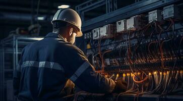 ai gegenereerd elektricien werken in een fabriek, arbeider met helm, elektrisch arbeider in actie foto