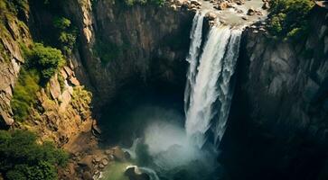 ai gegenereerd waterval in de bergen, waterval in de Woud, waterval tafereel, waterval en rotsen foto