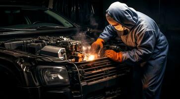 ai gegenereerd auto monteur is vaststelling auto in de garage, auto motor in de garage, auto in onderhoud foto