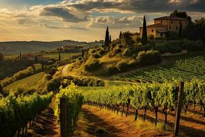 ai gegenereerd wijngaarden in Toscane Bij zonsondergang, Italië, Europa, ai gegenereerd foto