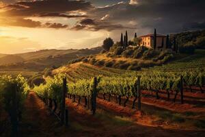 ai gegenereerd landelijk landschap in Toscane, Italië Bij zonsondergang. wijngaarden, ai gegenereerd foto