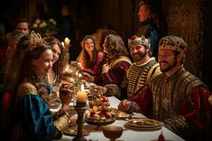 ai gegenereerd middeleeuws familie Bij Kerstmis avondeten in de oud kerk. selectief focus, ai gegenereerd foto