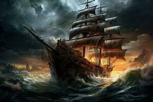 ai gegenereerd piraat schip in stormachtig zee. 3d geven illustratie, ai gegenereerd foto