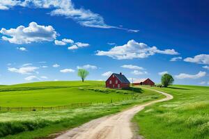 ai gegenereerd land weg en boerderij in groen veld- onder blauw lucht met wolken, ai gegenereerd foto