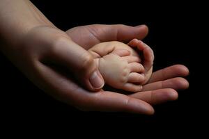 ai gegenereerd hand- Holding een baby pop geïsoleerd Aan zwart achtergrond, dichtbij omhoog, ai gegenereerd foto