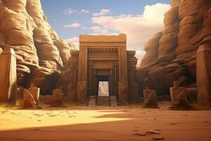 ai gegenereerd Egyptische tempel in de woestijn Bij zonsondergang - digitaal schilderen. 3d weergave, ai gegenereerd foto