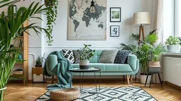 ai gegenereerd leven kamer interieur ontwerp met sofa minimaal esthetisch licht groen fluweel 3d weergegeven foto
