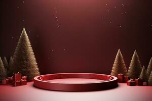 ai gegenereerd vrolijk Kerstmis 3d weergegeven rood podium Scherm voor evenement foto