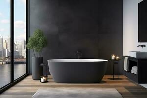 ai gegenereerd 3d weergegeven minimaal stijl zwart thema modern badkamer interieur ontwerp met bad foto