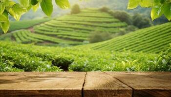 leeg houten tafel of houten bureau Aan natuur achtergrond van groen bladeren en thee plantage foto