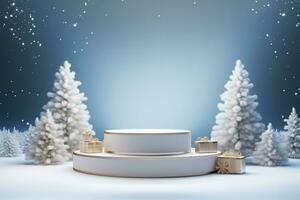 ai gegenereerd 3d weergegeven wit en besneeuwd podium Scherm voor vrolijk Kerstmis evenement foto