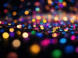 ai gegenereerd schitteren bokeh verlichting effect kleurrijk wazig abstract achtergrond verjaardag verjaardag bruiloften veelkleurig bokeh, regenen licht, wazig lichten, wazig regenboog confettis zwart achtergrond foto