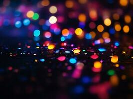 ai gegenereerd schitteren bokeh verlichting effect kleurrijk wazig abstract achtergrond verjaardag verjaardag bruiloften veelkleurig bokeh, regenen licht, wazig lichten, wazig regenboog confettis zwart achtergrond foto