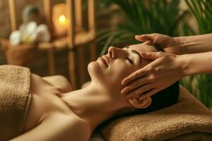 ai gegenereerd vrouw genieten van massage in spa, aan het liegen Aan massage bed met Gesloten ogen gedurende gelaats massage behandeling procedure. foto