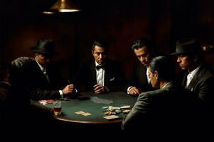 ai gegenereerd een rokerig, vaag lit achterkamer tafereel waar scherp gekleed gangsters zijn verloofd in een poker spel. foto