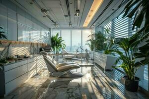 ai gegenereerd elegant luxe tandheelkunde kliniek interieur, met modern, strak tandheelkundig stoelen, ambient verlichting, en hoogwaardig decor, creëren een gevoel van comfort en verfijning voor patiënten foto