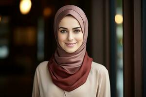 ai gegenereerd portret van een mooi moslim vrouw vervelend hijab generatief ai foto