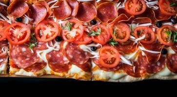 ai gegenereerd detailopname van delicios pizza Aan de tafel, pizza achtergrond, Italiaans pizza Aan de tafel, close-up van een pizza, gesneden pizza foto