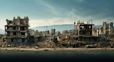 ai gegenereerd brandend gebouwen na de oorlog, oorlog tafereel, vlammend huizen foto