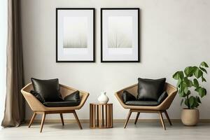 ai gegenereerd 3d weergegeven minimaal stijl modern leven kamer interieur ontwerp met modern stoel foto