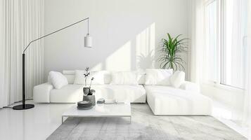 ai gegenereerd leven kamer interieur ontwerp met sofa minimaal esthetisch 3d weergegeven foto