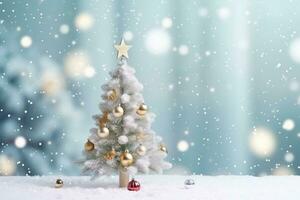 ai gegenereerd klein Kerstmis achtergrond met decoratief Spar boom Aan wazig achtergrond met bokeh foto