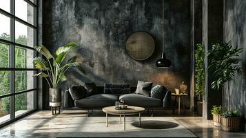 ai gegenereerd zwart leven kamer interieur ontwerp met sofa minimaal esthetisch 3d weergegeven foto