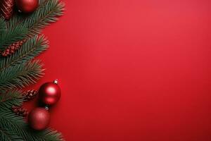 ai gegenereerd Kerstmis samenstelling van Spar boom takken met cadeaus Aan rood houten achtergrond foto