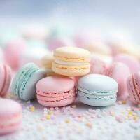 ai gegenereerd verscheidenheid pastel kleur detailopname Frans macarons Aan wazig achtergrond en glinsterde ster zoet en nagerecht, kleurrijk Frans desserts plein met kopieerruimte. gegenereerd ai foto