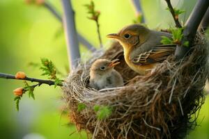 ai gegenereerd hoogtepunt de inschrijving moment een moeder vogel horloges over- haar kuikens foto