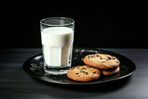 ai gegenereerd koekjes en melk Aan een donker oppervlakte foto
