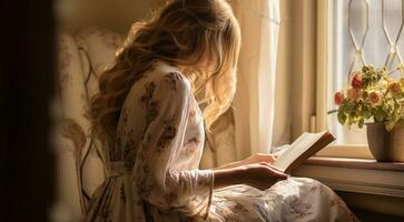 ai gegenereerd detailopname van een meisje lezing boek, meisje met boek, mooi jong vrouw aan het leren met boek, wooman met boek foto